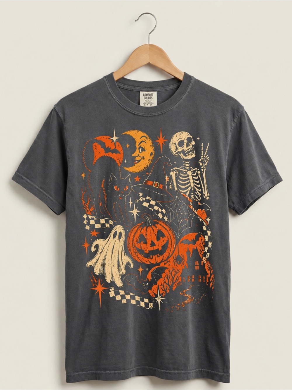 Skeleton Peace Sign Pumpkin Spooky Fall Aesthetic Womens Graphic Reprint Tee